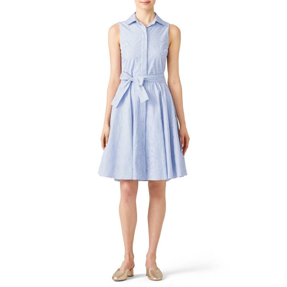 Badgley Mischka Blue White Stripe Day Sleeveless Button Shirt Dress Size 8 FLAW